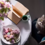 Cat sitting at the table in front of a cup of coffee and a plate of macarons