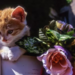 A kitty peeking over a book next to some flowers
