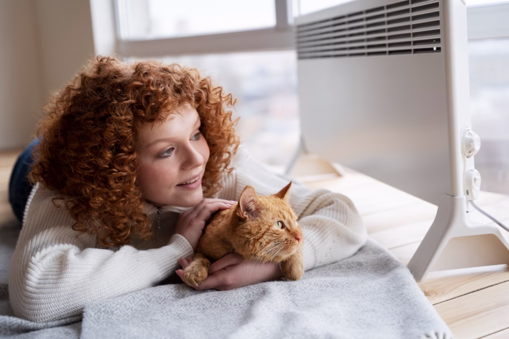 prone woman hugging a cat looking outside